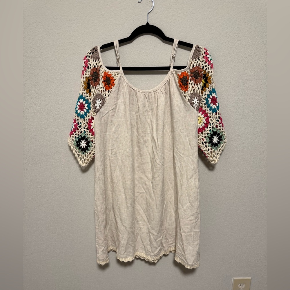 Umgee Cream Cold-Shoulder Tunic with Multicolor Crochet Sleeves
